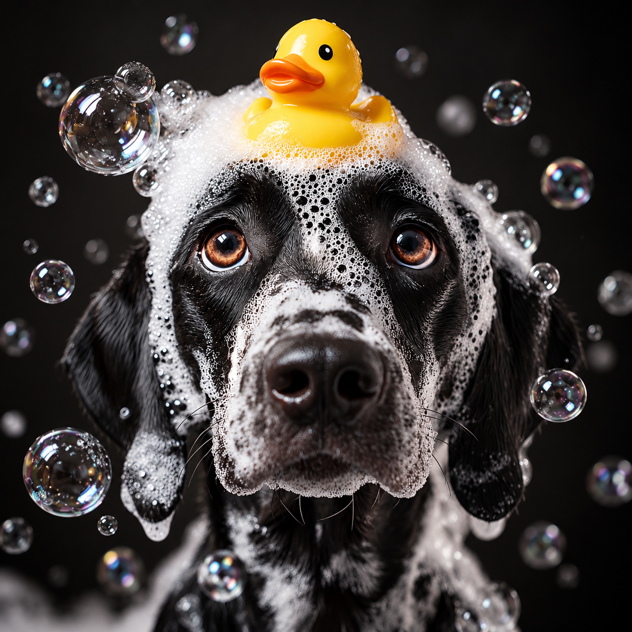 A black Labrador being washed with a rubber duck on his head and bubbles around him