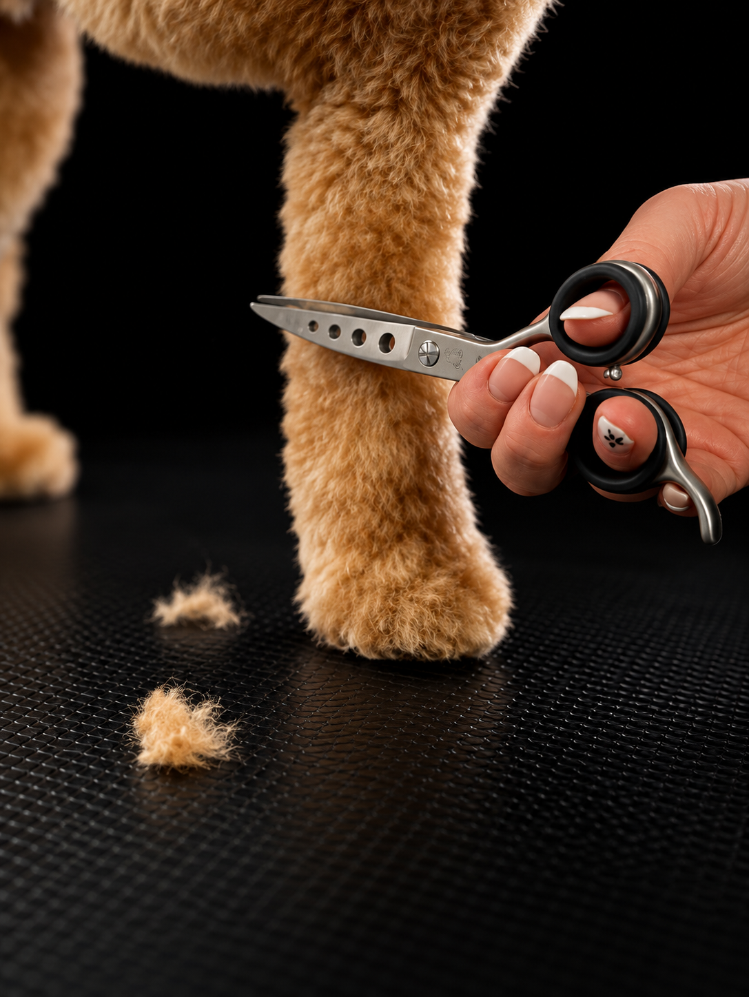 Close-up of a groomer's scissors trimming the fur around a dog's paw