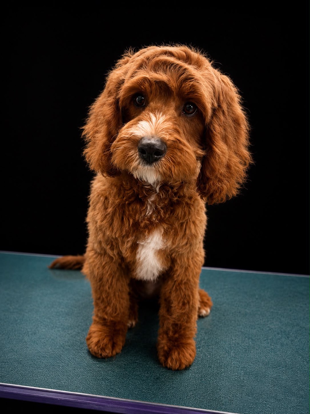 A red cockapoo puppy sitting on the grooming table