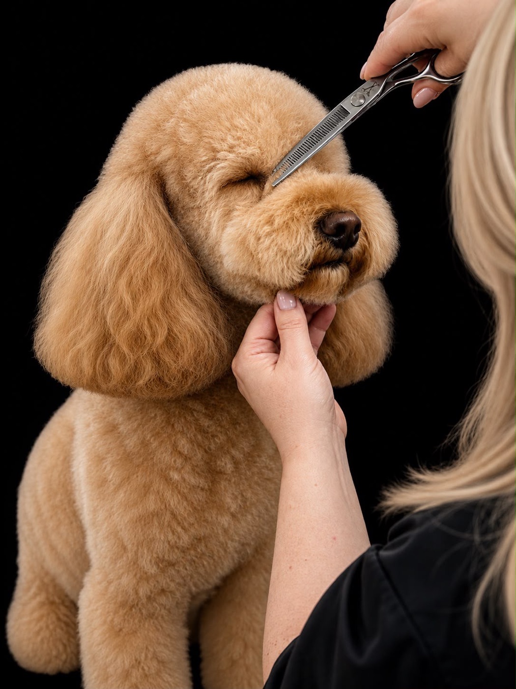 Groomer scissor-trimming a poodle's face