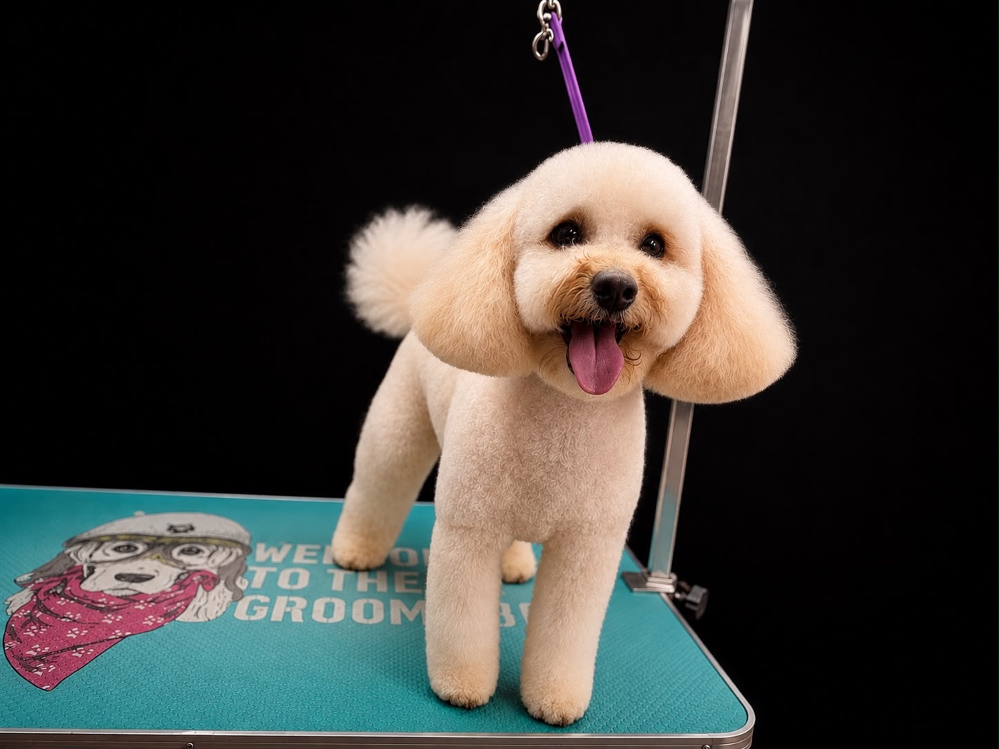 A freshly groomed cream poodle standing on a 'welcome to the groomers' mat