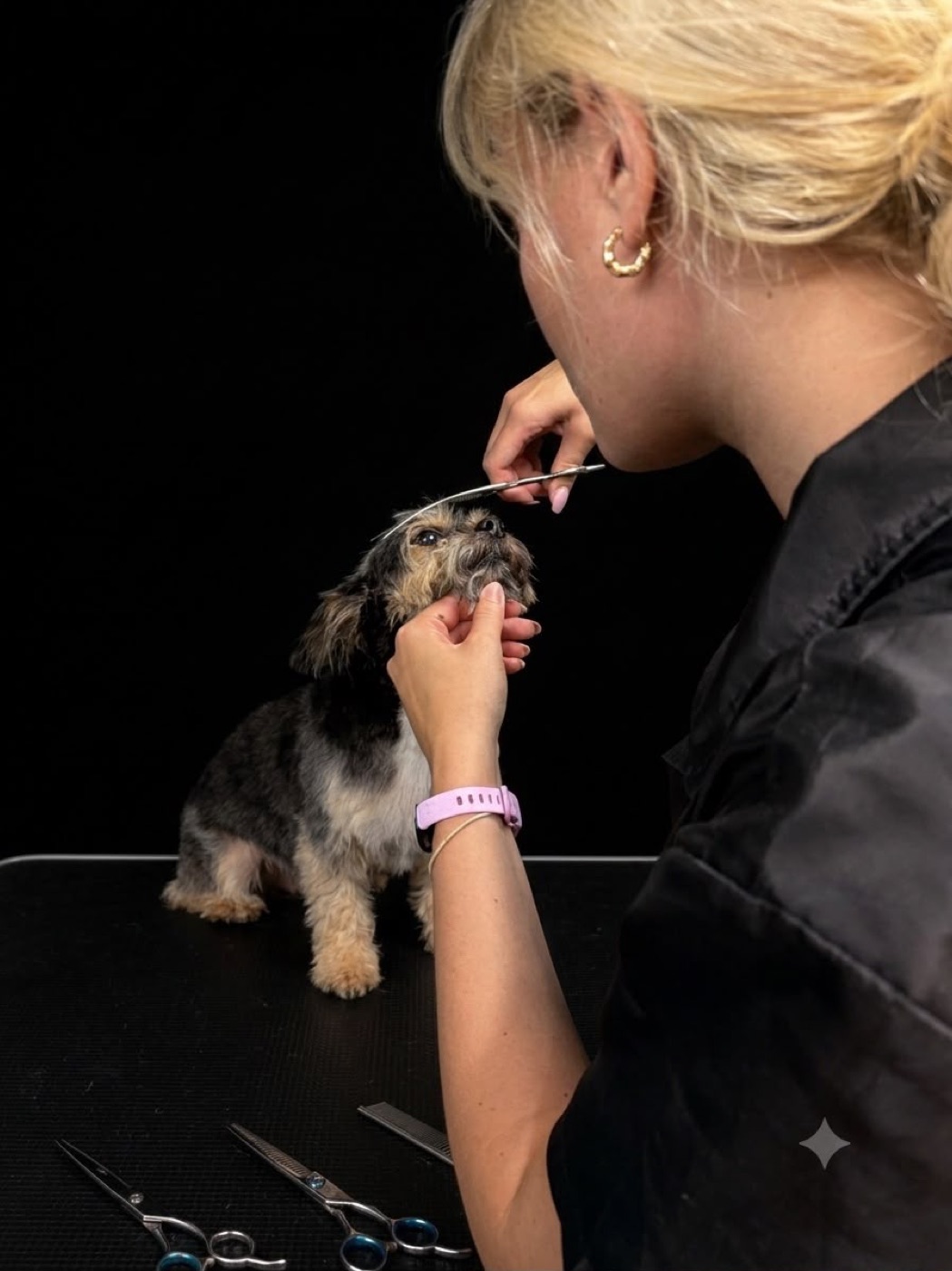 Groomer trimming a puppy's face with scissors