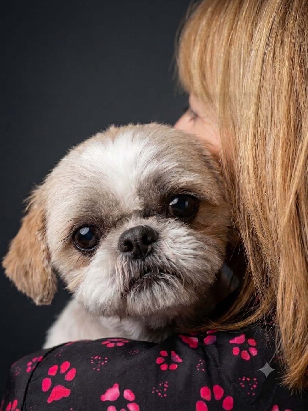 Shih tzu resting on its groomer's shoulder